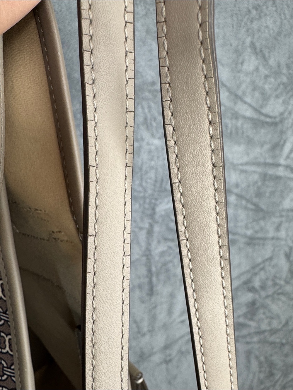 Tory Burch Taupe Canvas Tote with Navy & Cream Center Stripe - Picture 6 of 7
